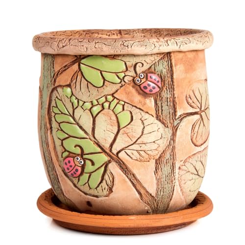 STP GOODS Ceramic Pot with Drainage Hole and Saucer, Plant Pots, Modern Decorative Planters for House Plants Indoor Flowers Plants, Cute Flower Pot - Gifts (Ladybugs (3 L)) - color: Ladybugs (3 L)
