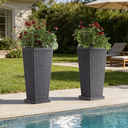 Square Tall Planters for Outdoor Plants with Tray - 24" Gray 2Pack - color: Grey-sandblasting