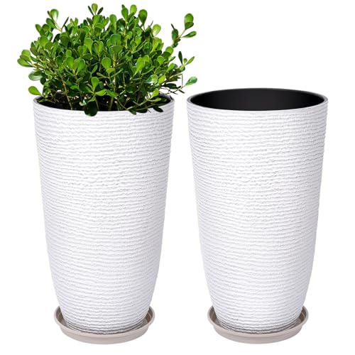 QCQHDU Set of 2 9 Gallon Tall Large planters for Outdoor/Indoor Plants of 12" Dia x 21" H Round Flower Pots Set Faux Stone Finish Front Door Patio Square Porch Planters with Tray, White - color: White