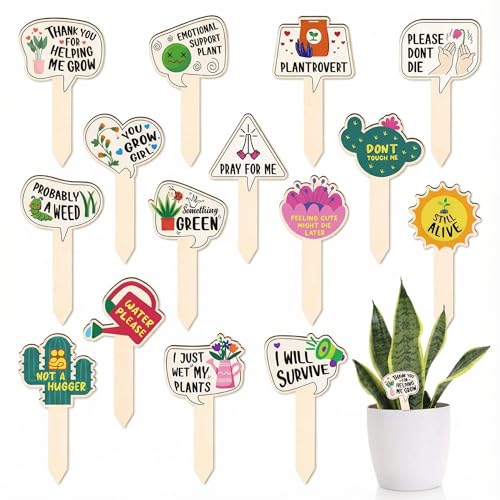 15 Pack Funny Wooden Plant Markers, Water-Resistant Garden Plant Labels Stakes for Pots & Outdoor Beds, Humorous Plant Name Signs for Indoor Houseplants, Herbs, Succulents, 2.64" W x 4.33" H
