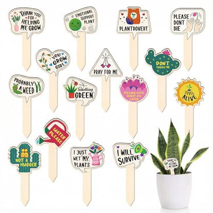 15 Pack Funny Wooden Plant Markers, Water-Resistant Garden Plant Labels Stakes for Pots & Outdoor Beds, Humorous Plant Name Signs for Indoor Houseplants, Herbs, Succulents, 2.64" W x 4.33" H
