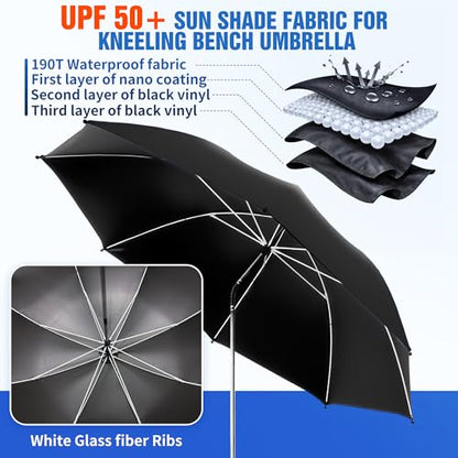 Garden Kneeler Umbrella,42” Large Chair Umbrella with Universal Clamp, 360°Swivel and UPF 50+ Protection,Folding Clip on Umbrellas for Garden Seat Bench Beach Chairs Strollers Golf Carts, NO KNEELER