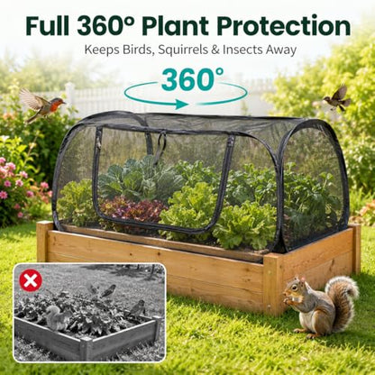 2PCS Pop Up Mesh Plant Covers for Raised Beds, Foldable Garden Bed Shade Cover（45 x 22 x 18 in）- 50% Sunblock Mesh Cover with Zipper Door & 16 Stakes for Vegetables Seedlings Herbs（Black）