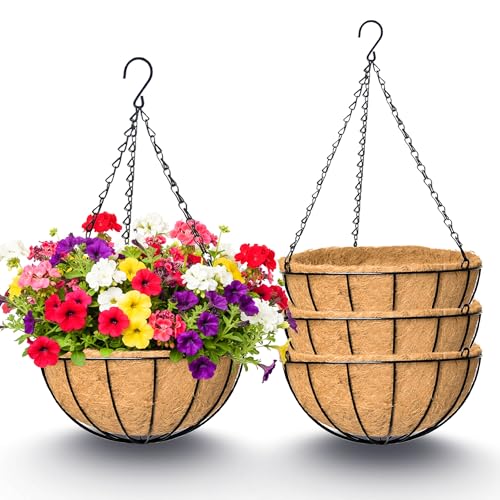 4 Pack 14 Inch Hanging Baskets for Plants Outdoor Metal Hanging Planter Basket with Coco Coir Liner Hanging Flower Baskets Hangings Flower Pots Holder for Garden, Patio(Watermelon) - size: 14 Inch, style: Garden