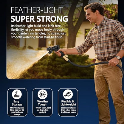 Flexible Garden Hose 25 FT, Ultra Lightweight Water Hoses 25FT w/10 Function Sprayer and 3/4" Brass Fittings, Kink-Free, Sturdy, Abrasion Resistant for Yard, Lawn, Outdoor and Gardening(Black)