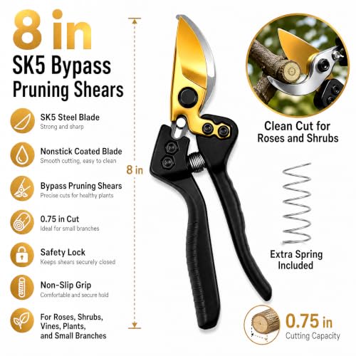 8" SK5 Bypass Pruning Shears, Hand Pruners and Garden Clippers