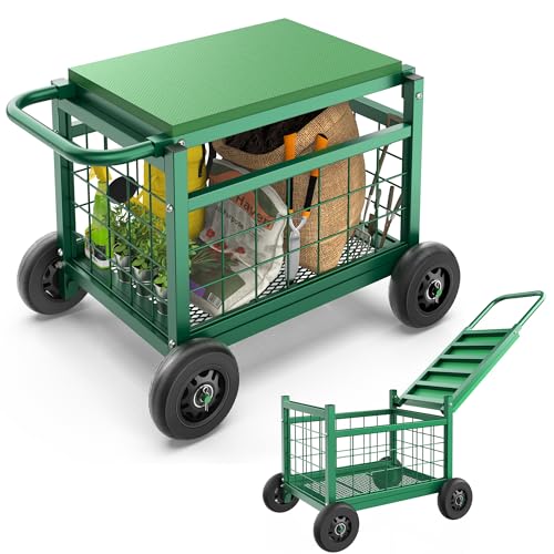 Garden Cart with Seat,3-in-1 Rolling Seat with Wheels for Seniors Gardening - color: Green, size: Large
