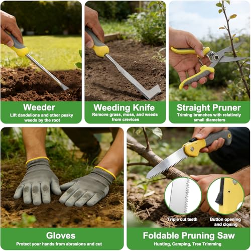 Yesker Gardening Tools 10-Piece Heavy Duty Garden Tool Set Gardening Supplies Gifts for Women Men Gardening Hand Tool Kit w Non-Slip Ergonomic Handle, Garden Bag, Durable Gloves, Pruning Shears, Gray - size: 10PCS Yellow Gray