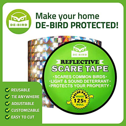 De-Bird Scare Tape - Weatherproof Reflective Tape - Seagull Reflective Ribbon for Balcony & Patio Deterrent - Reusable Goose Deterrent Scare Ribbon - 125 Ft Roll, Garden Style - size: 125 Ft Roll