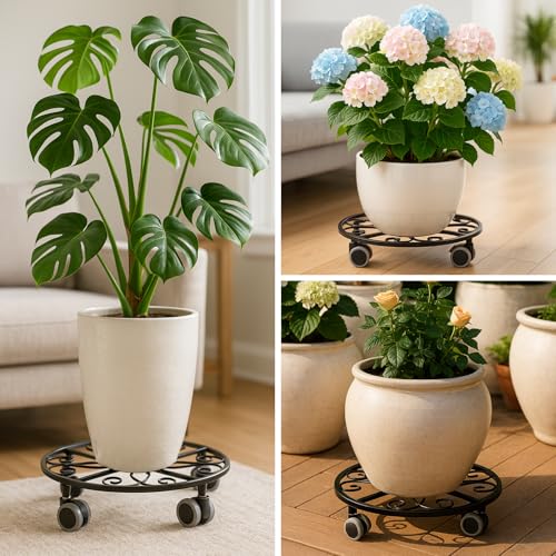 Planterhoma 8 Pack Plant Caddy with Wheels & Saucers, 11.8" Heavy Duty Metal Rolling Plant Stand, Plant Dolly with Lockable Casters, Rustproof Iron Planter Mover for Indoor Outdoor, Black - size: 11.8 Inches - 8 Pack