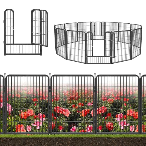 Decorative Black Metal Garden Fence, 27ft(L) 32in(H) 12 Fence Panels No Dig Fence Rustproof Animal Barrier Garden Fencing Temporary Fencing Dog Fence Outdoor - size: 27ft-32"H(11 Panels+1 Gate)