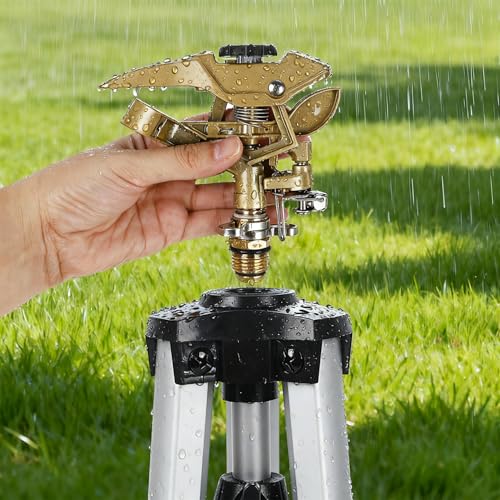 Biswing Large Impact Sprinkler Head on Tripod Base, Adjustable Zinc Alloy Lawn Sprinklers for Yard Lawn Garden, 3/4" NH Connector, 360 Degree Large Area Coverage Irrigator with Extension Legs, 1 Pack