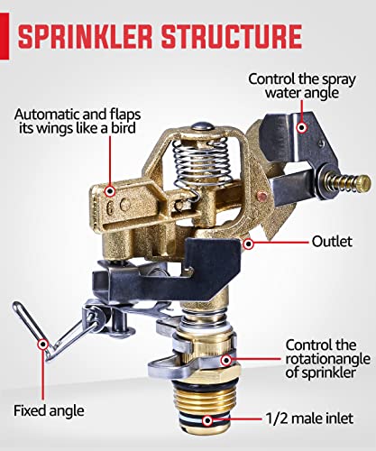 YAMATIC 1/2 Inch Brass Impact Sprinkler Head, Heavy Duty Impact Sprinkler Head with Nozzles, Adjustable 20° to 360° Circle Pattern for Garden, Lawns, Yard Irrigation