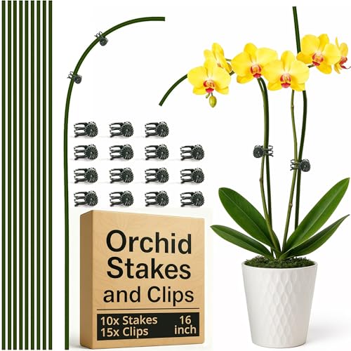 10pcs 16" Bendable Plant Support Stakes & 15 Clips- Orchid Stakes and Clips - color: Green, size: 10 Pcs
