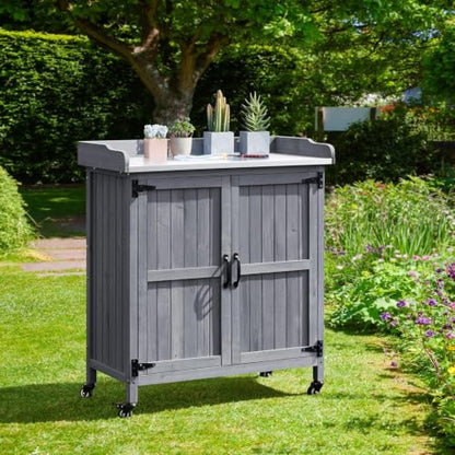 Topeakmart Potting Bench for Outside with Storage Cabinet & Metal Top,Gray - color: Gray
