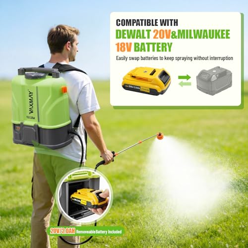 VAXMAY Battery Powered Backpack Sprayer 3.2 Gallon, 100 PSI Electric Garden Sprayer Compatible with DeWalt 20V Battery, Weed Yard Sprayer with 2 Wands, 5 Nozzles, 2.0 Ah Battery & Charger Included - size: 3.2 Gallon