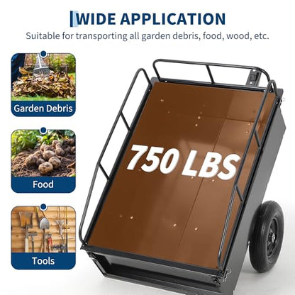Heavy Duty ATV Trailer Tow Behind Steel Dump Cart 750LBS Capacity, 15 Cu. Ft Garden Utility Trailer with Removable Sides & Rear Hitch, Reinforced Steel Frame, for Riding Lawn Mower Tractor