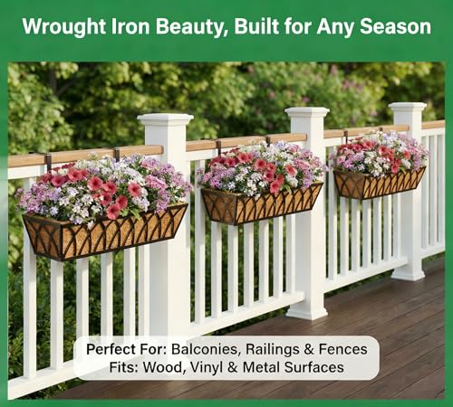 Y&M 4 Pcs 30'' Deck Railing Planters Outdoor Balcony, Large Metal Window Box Deck Railing Planter with Coco Liner for Outdoor Balcony Porch Fence Patio Rail - size: X - 30in 4p