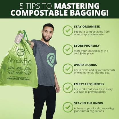 Simply Bio 13 Gallon Compostable Organic Bags Liners Drawstring, Heavy Duty Extra Thick 1 Mil, 49.21 Liter, 30 Bags, Tall Kitchen Food Scrap Waste Bag, ASTM D6400, US BPI and OK Compost Home Certified - size: 1 Count (Pack of 30), style: Drawstring (13 Ga
