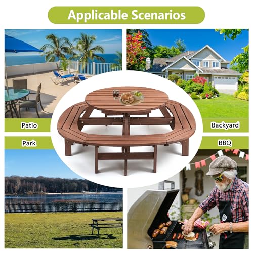 8-12 Person Outdoor Round Wooden Picnic Table with 8 Built-in Benches, Umbrella Hole, Outside Table and Bench Set for Garden, Backyard, Porch, Patio and Deck - size: 12person