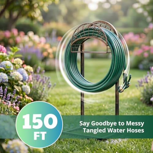 Heavy Duty Garden Hose Holder Stand, Freestanding Detachable with 4 Anchor Spikes, Storage Basket, Rustproof Steel, for Yard Lawn Patio
