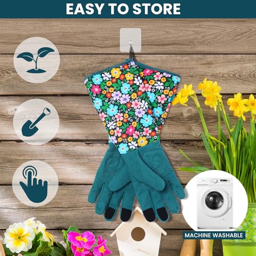 Gardening Gloves for Women, Long Garden Gloves with Grip, Thorn-Proof, Gift - color: Dark Green - Flower Leaf