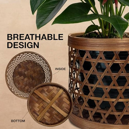Handcrafted Bamboo Tabletop Decorative Plant Pot Covers - Multi Set of 3 – for Indoor Plants, Orchids, Succulents – Natural Handmade Thai Bamboo Plant Basket
