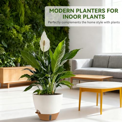 8/9/10 Inch Self Watering Pots, Plastic Flower Pots with Multi Mesh Drainage Holes and Water Level Indicator & Deep Reservoir for Indoor Outdoor Garden Plants and Flowers (White) - color: White