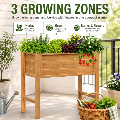YEFU 34" Small Garden Planter, Wood-Look HIPS Compact Planter Box, Teak - color: Teak, size: 34"×18"×30"