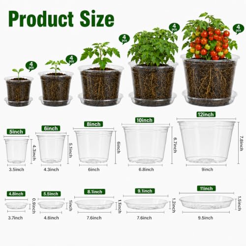 MIXC 12/10/8/6/5 Inch 20 Pack Clear Nursery Pots with Drainage & Sacuer - size: 12/10/8/6/5 IN*20 Pack