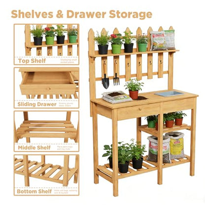 Outdoor Potting Bench, Wooden Potting Table with Built-in Sink