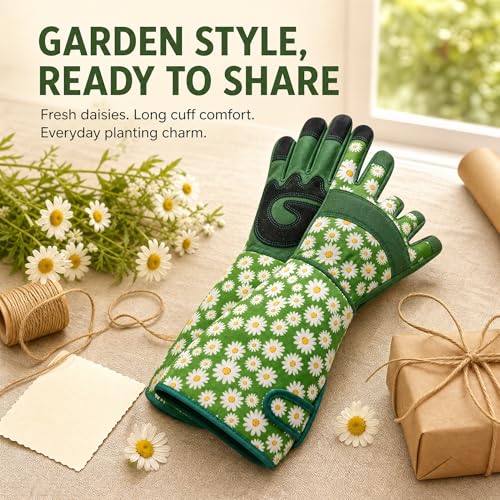 Thornproof Rose&Cactus Gardening Gloves,Gauntlet Garden Glove,Gifts - color: Green Daisy, size: Large