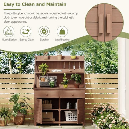 Outdoor Potting Bench Table, Wooden Gardening Table with Storage Cabinet, Drawer, Shelf, Planting Work Bench Station for Garden, Patio, Brown