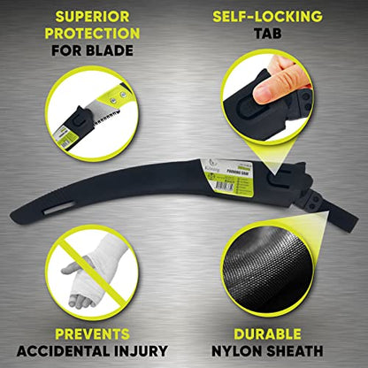 Konnig Professional Heavy Duty Pruning Saw, Comfort Handle with Saw Blade Enclosure - Japanese Design Hand Saw with FREE Garden Gloves - size: Razor Sharp 14.1" Curved