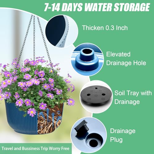 RooTrimmer Hanging Planters 9/10/11 Inch for Indoor Plants, 3 Pack Plant Hanger Outdoor with Drainage Holes, Self Watering Hanging Basket Flower Pot for Garden Home Decor, Dark Blue - color: Dark Blue