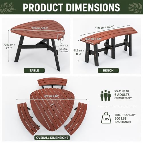 Wood Picnic Table with Benches &Umbrella Hole Elegant Triangle Outdoor Picnic Table for 3-6 People Reddish-Brown Tabletop and Black Legs for Backyard, Porch, Patio, Deck - size: 69inch