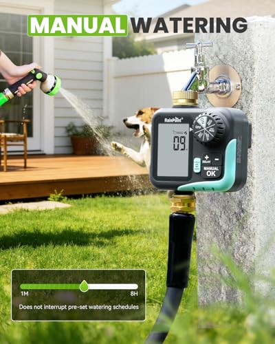 RAINPOINT Sprinkler Timer for Garden Hose - Hose Timer with Cycle & Soak/Rain Delay/Automatic Watering/Manual Watering, Programmable Irrigation System with Large Display, Brass Inlet & Outlet - color: Brassy