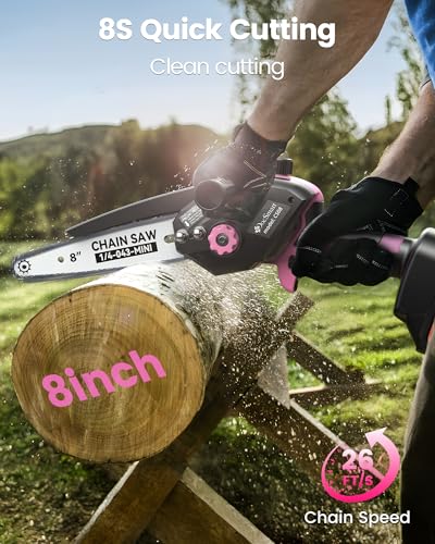 Mini Chainsaw with 1000W Brushless Motor, 8 inch & 6 inch 2 Batteries - color: Pink
