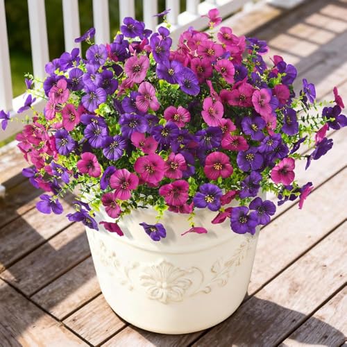 INQCMY Fake Artificial Pansy Flowers Plants for Outdoors UV Resistant - color: Deep Purple Rose Red