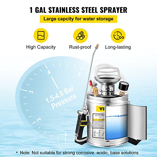 Happybuy 1 Gallon Stainless Steel Pump Sprayer, 12" Wand & 3FT Reinforced Hose, Pressure Gauge, Safety Valve & Adjustable Nozzle, Garden Weed Sprayer for Lawn, Gardening, Sanitizing - size: 1 Gallon
