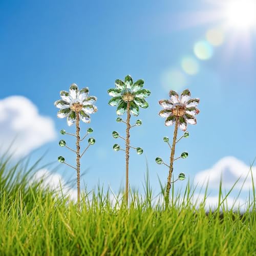 3Pcs Crystal Sunflower Suncatchers with 13'' Gold Trellis Metal Plant Stake - color: Clear, Green, Pink