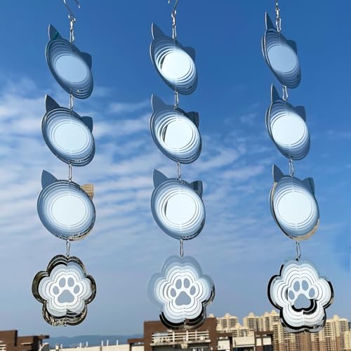 12Pcs Bird Scare Discs Set Reflective 3D Stainless Steel Wind Spinner Outdoor Garden Hanging Decor, Bird Devices Deterrent Reflectors to Scare Birds Away from Yard Patio (Cat and Paw) - color: Cat and Paw