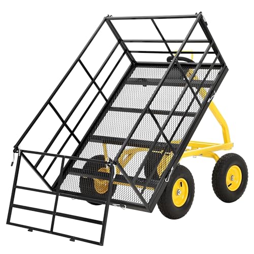 1500 lbs Heavy Duty Steel Garden Cart - Utility Yard Wagon - Removable Mesh Sides & 180° Swivel Adjustable Handle - Outdoor Dump Trailer - Black Frame, Yellow Rims, Yellow Handlebars, - color: Black