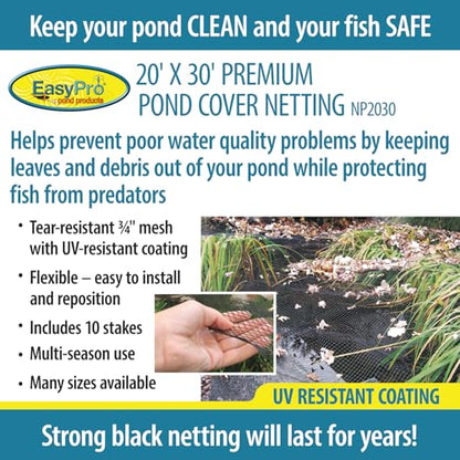 EasyPro NP2030 Premium 3/4-Inch Pond Cover Netting, 20-Foot x 30-Foot with 12 Stakes - size: 20' x 30' with 10 stakes, style: Standard 3/4" Mesh