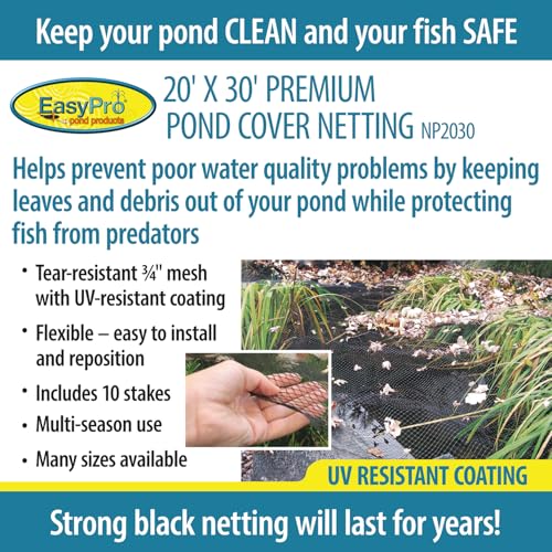 EasyPro NP2030 Premium 3/4-Inch Pond Cover Netting, 20-Foot x 30-Foot with 12 Stakes - size: 20' x 30' with 10 stakes, style: Standard 3/4" Mesh