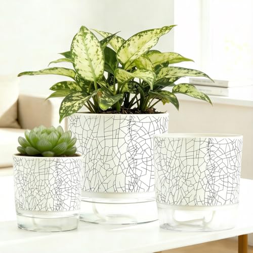 3 Pack 4.3+5.5+6.3 Inch Self Watering Pots Set, Self Watering Planter with Reservoir and Wick Rope for Indoor/Outdoor Plants, Modern Houseplants Pots for African Violets,Cactus,Herbs,Succulents
