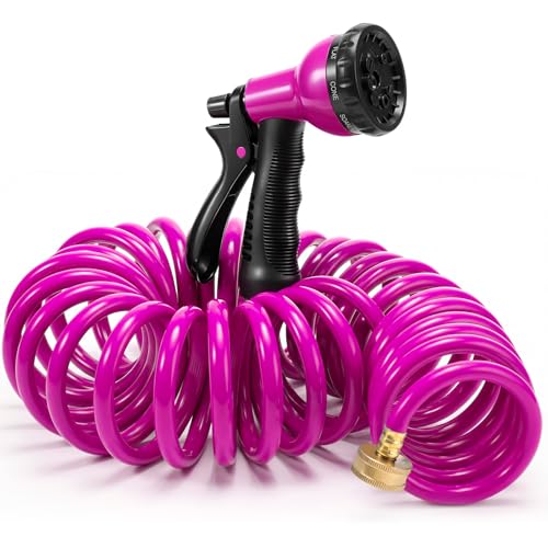Therwen 25 ft Recoil Garden Hose, Self-coiling Lightweight Water Hose with 3/4'' Brass Connector and 8-pattern Spray Nozzle, Kink-free Spiral Hoses for Rv, Boat, Balcony and Car Washing - color: Rose Red, size: 25 ft, style: 8 Pattern