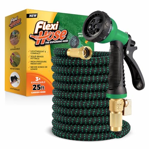 Flexi Hose with 8 Function Nozzle, 25FT - Lightweight Expandable Garden Hose, No-Kink Flexibility, 3/4 Inch Solid Brass Fittings and Double Latex Core - Black and Green - size: 25ft