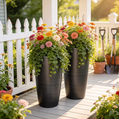 Autodaya 22.8" Tall Outdoor Planters Set of 2, Faux Brushed Steel Finish - color: Metallic Brushed Black-21.8"h