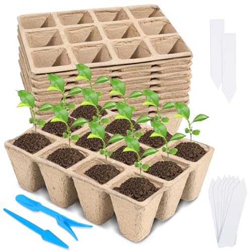 10 Packs Seedling Starter Trays, 120 Cells Biodegradable Seed Starter Plant Pots，Seed Germination Starter Tray Kit with 20 Labels, 2 Transplant Tools